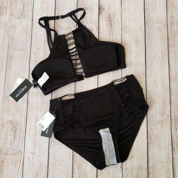 Kenneth Cole High Neck Cutout Bikini Top and Bottom Set Women's Size Small Black - Picture 8 of 12